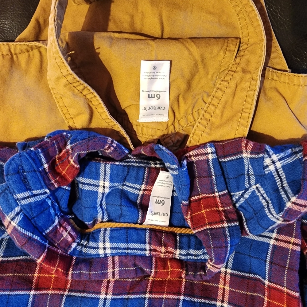 Carters 6 mo brown suspenders with flannel shirt